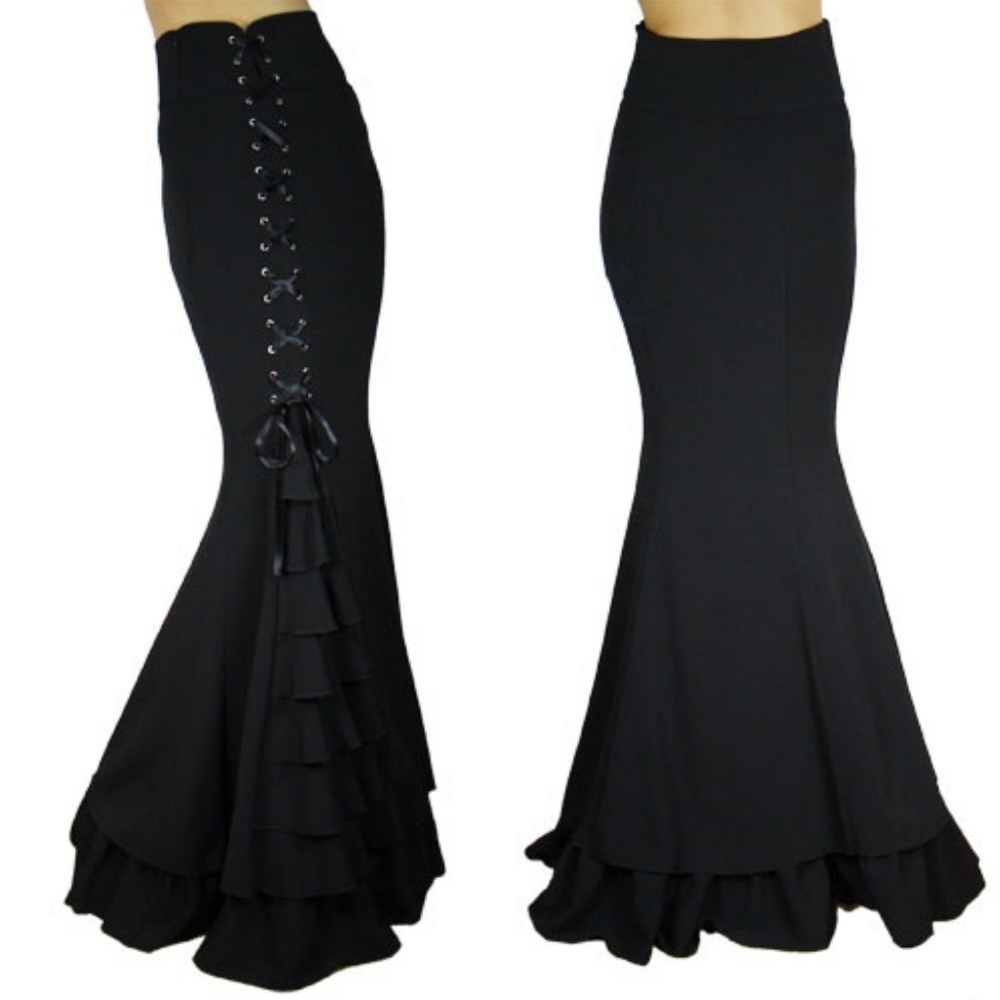 Steampunk Gothic Lace Up Ruffle Long Skirt - Picture 2 of 6